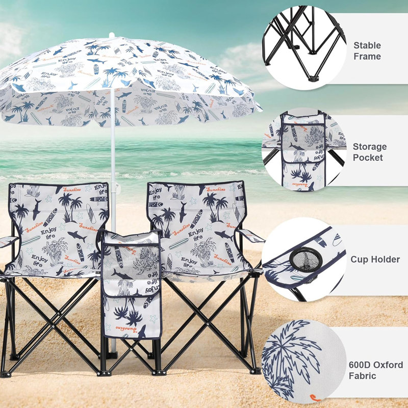 Double chaise de camping pliante avec porte-boisson pour parasol, sac de transport, table pliante, grande capacité de charge pour patio, piscine, parc, motif de requin extérieur