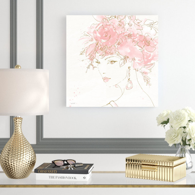 Fleurs florales II or rose carré - peinture sur toile tendue, H 20 po x l 20 po