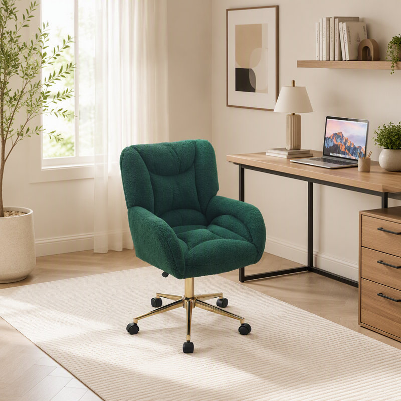 Fauteuil de bureau pivotant à 360° en tissu Teddy, avec dossier en forme de cœur et roulettes universelles, vert