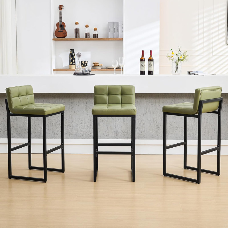 Tabouret de bar rembourré à dossier bas avec structure en métal épaissie pour îlot de cuisine, 3, Vert