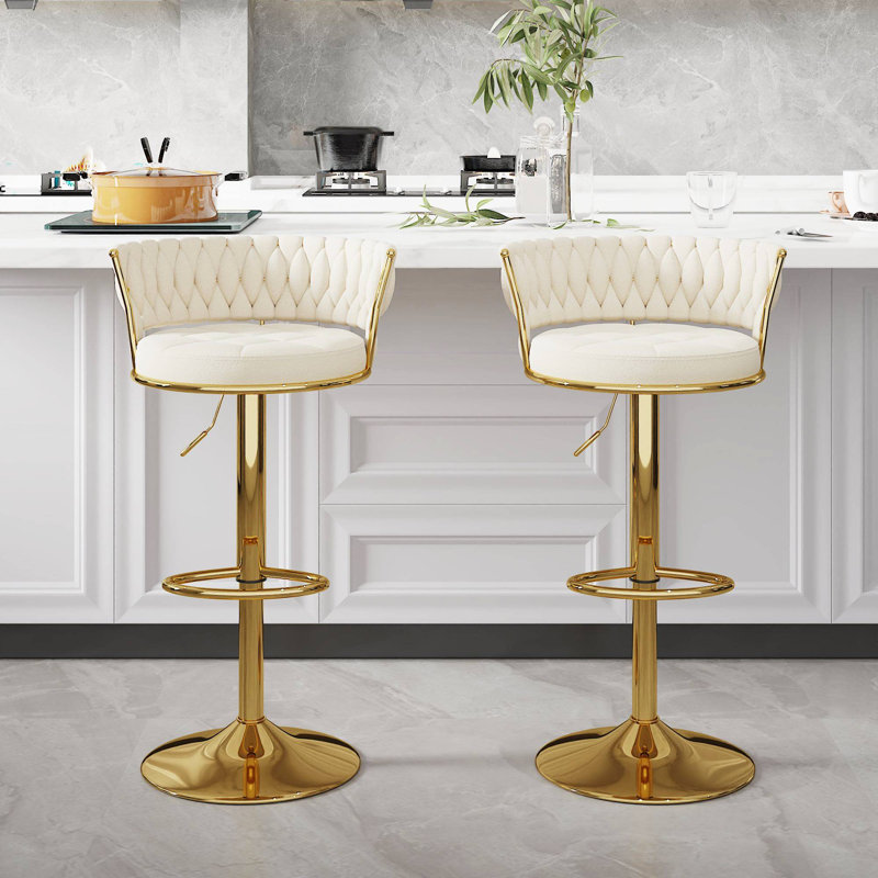 Ensemble de 2 tabourets de bar George avec dossier rembourré en velours tissé, tabourets de comptoir réglables en hauteur, tabourets de cuisine pivotants pour îlot de cuisine, bar, blanc