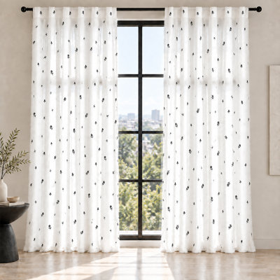 White Rose Embroidered Shaggy Sheer Curtains, Light Filtering Feather-Like Textured Multi-Header Window Panels for Bedroom & Living Room