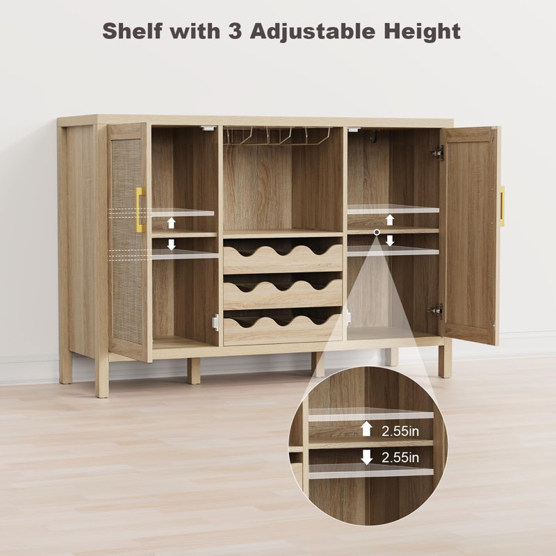 Rattan Wine Bar Cabinet with Glass Holder and Drawer Style Wine Racks, Light Oak