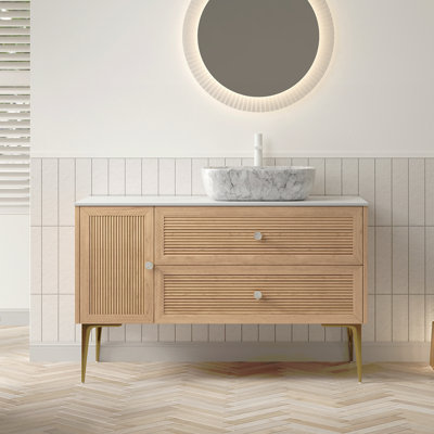 48" Bathroom Vanity & Sink, Freestanding Plywood Storage Cabinet with Legs, 1 Door & 2 Drawers, Carrara Sintered Stone Top & Marble Pattern Rectangle Ceramic Basin, Pre-assembled