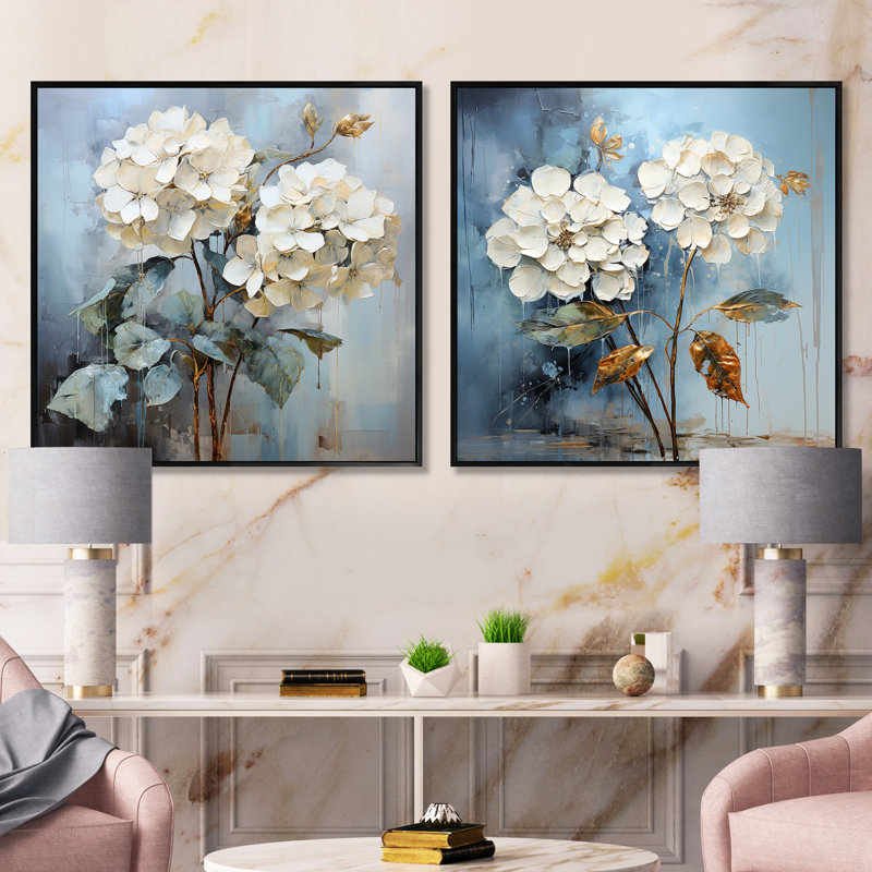 Hortensias bleus en fleurs dans des tons de gris - ensemble de 2 hortensias carrés, Cadre flottant noir, H 16 po x l 33 po