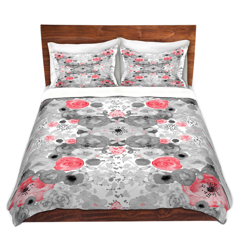 Ensemble de housse de couette romantique fleuris, Housse de couette très grand + 2 taies décoratives, Gris / Noir / Rose