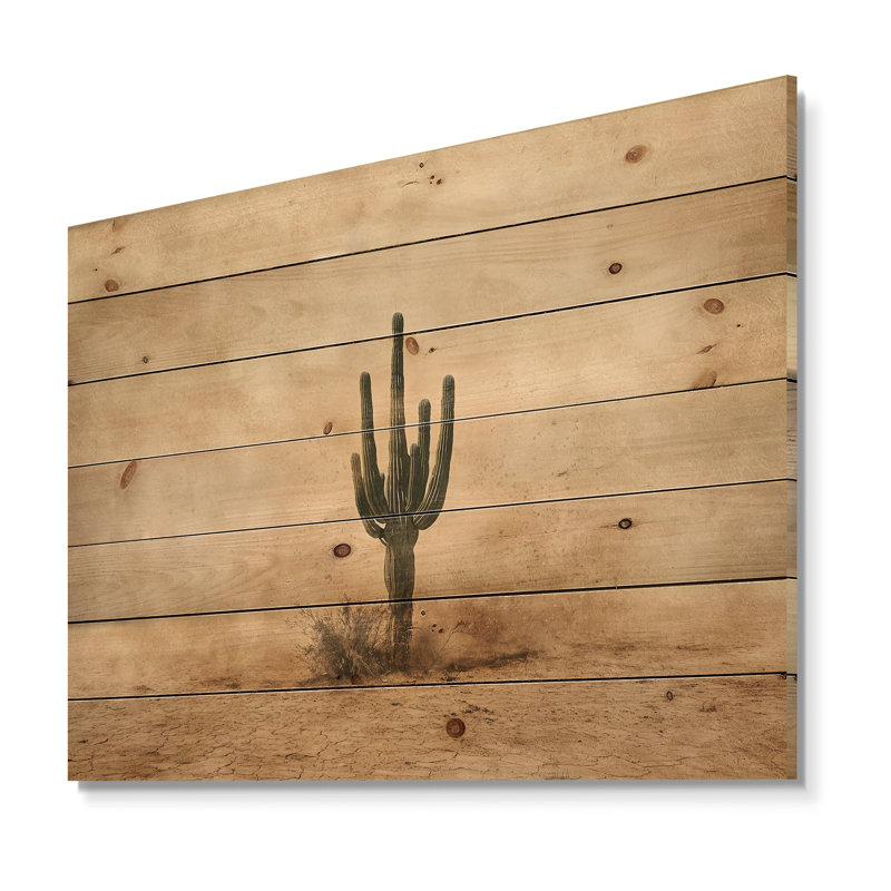 Cactus Sandstorm III - Floral Cactus Wood Wall Art - On Natural Pine Wood, 10" H x 20" W x 0.78" D