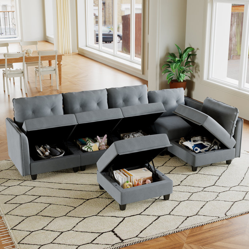 Canapé modulaire réversible avec repose-pieds Bresee, Velours gris velours, H 34 po x l 112 po x P 56 po