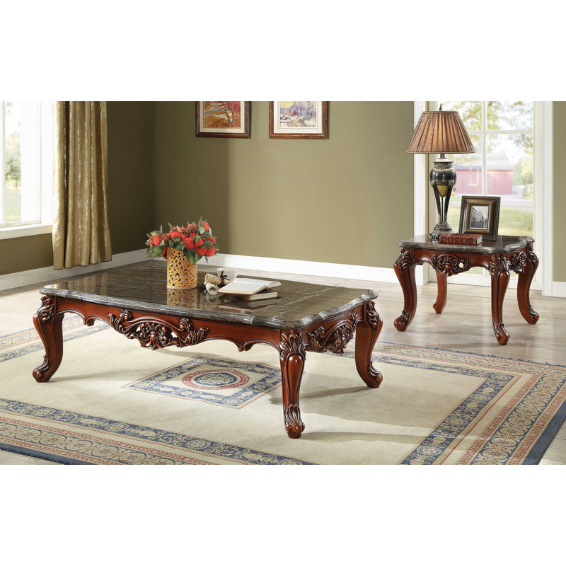 36" Gray And Brown Genuine Marble And Solid Wood Coffee Table