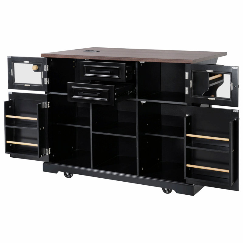 Îlot de cuisine avec abattant et prise de courant, chariot de rangement de cuisine avec tablettes, îlot de cuisine roulant à 4 roues