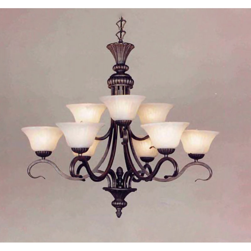 Lustre 9 lumières bronze avec abat-jour en verre blanc