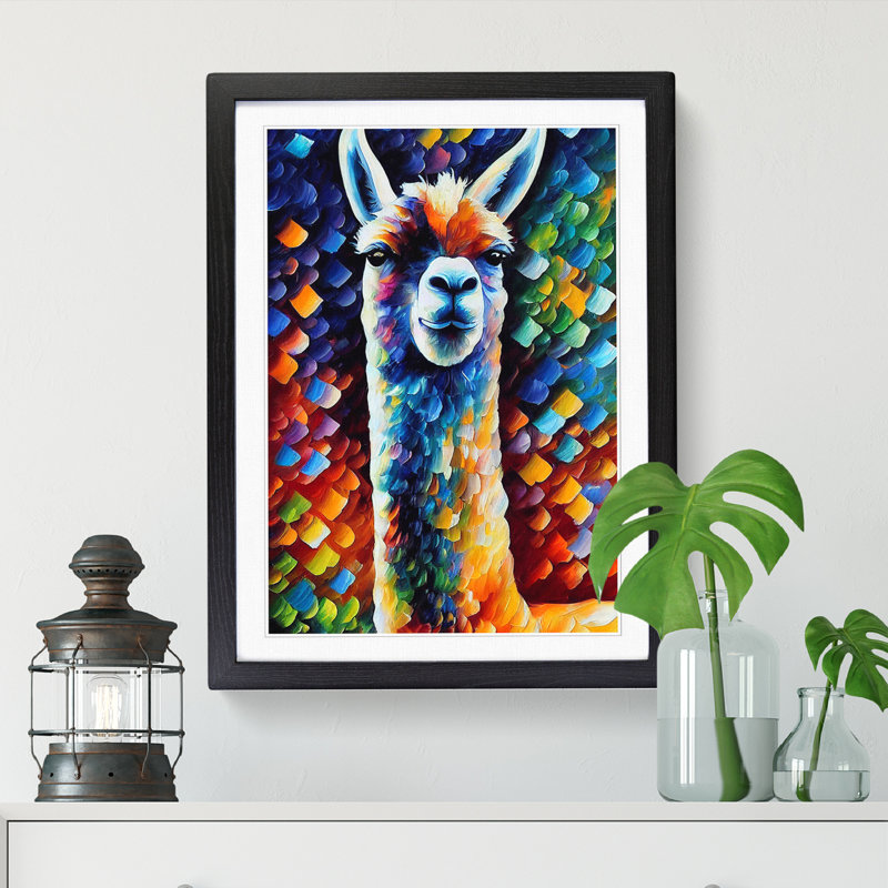 Llama Painted - Single Picture Frame Print, 64cm H x 46cm W x 2cm D, Walnut