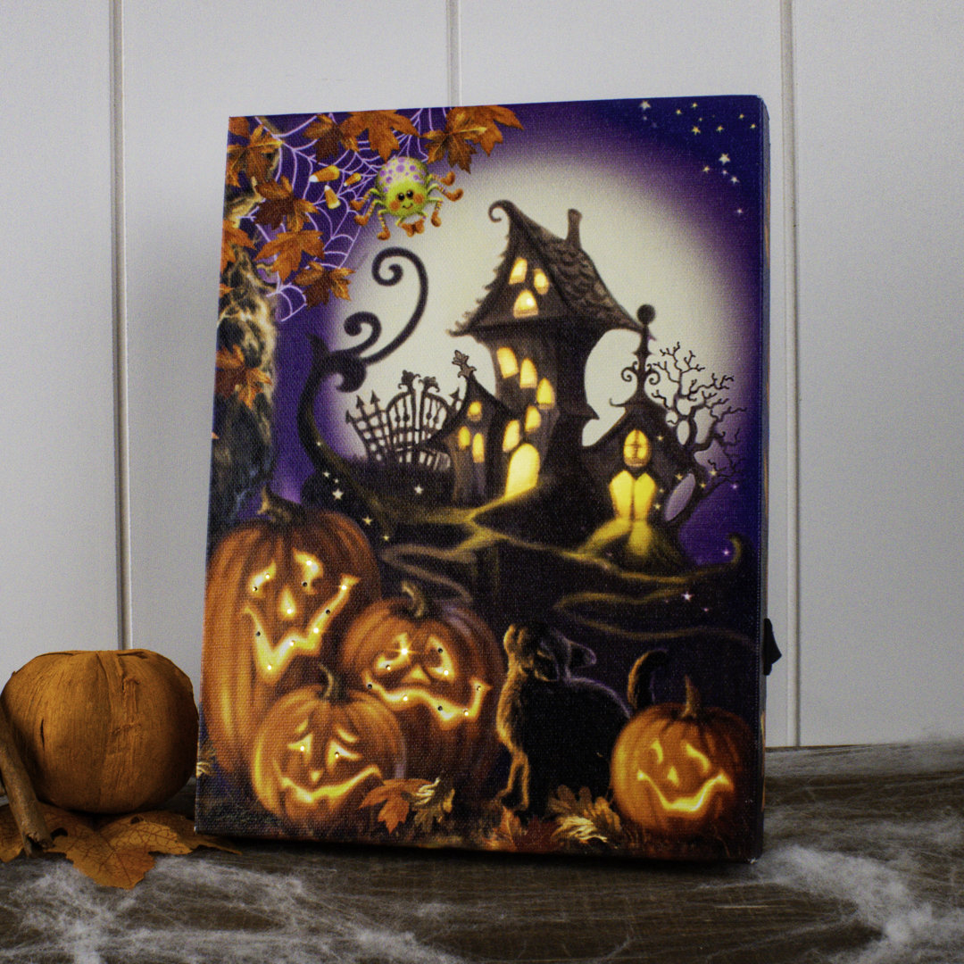 Haunted House 8x6 Mini Lighted Easel Back Canvas The Holiday Aisle®