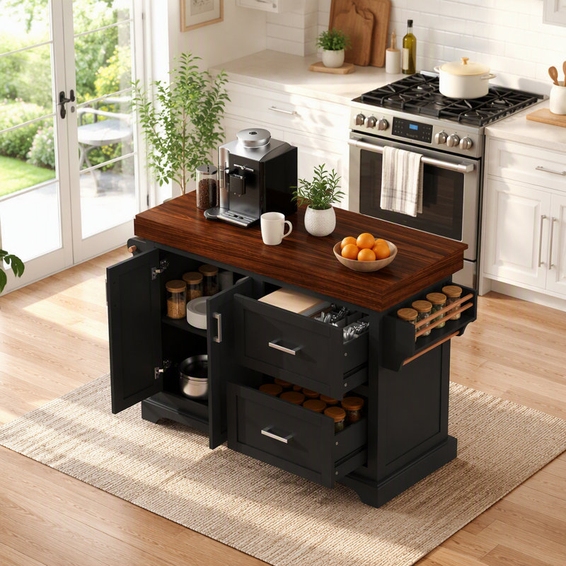 Grand îlot de cuisine de 53 po avec bureau de 3,5 po d'épaisseur, supports à épices et à serviettes, îlot de cuisine roulant avec rangement sur 5 roulettes, 2 très grands tiroirs, pour la maison, la cuisine, la salle à manger