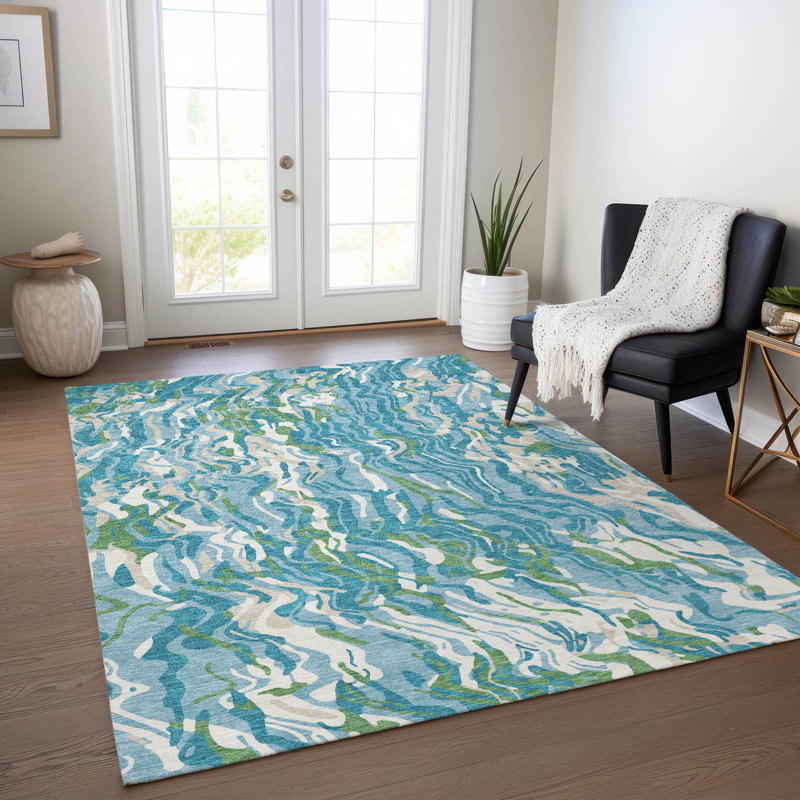 Teal and White Abstract Swirl Washable Synthetic Rug