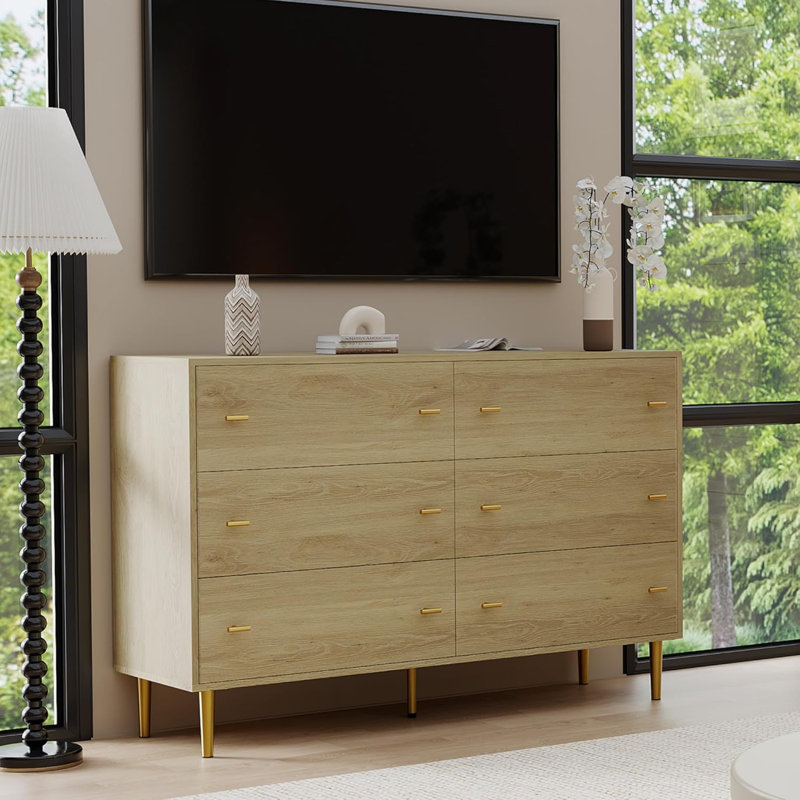 47.2 in Wide Rustic Dresser, 6-Drawer Chest with Bar Handles, Natural Texture for Bedroom, Living Room, Hallway & Entryway
