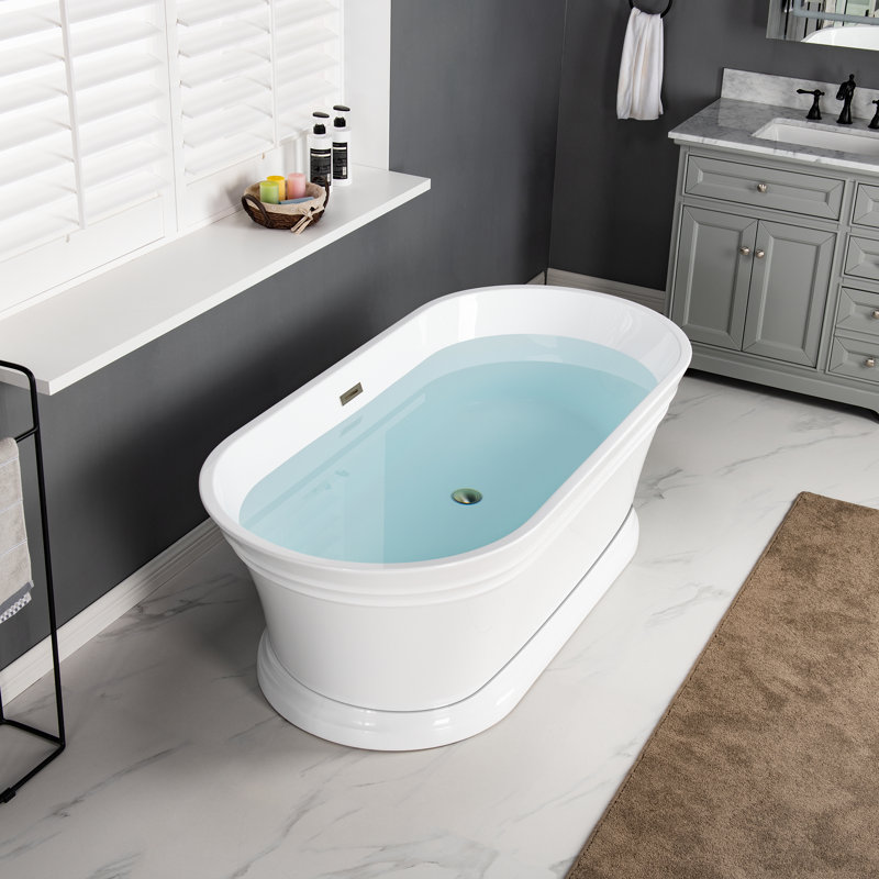 67" x 29.5" Freestanding Soaking Acrylic Bathtub with Pedestal, Double Ended, Non-Slip Design, White/Brushed Nickel