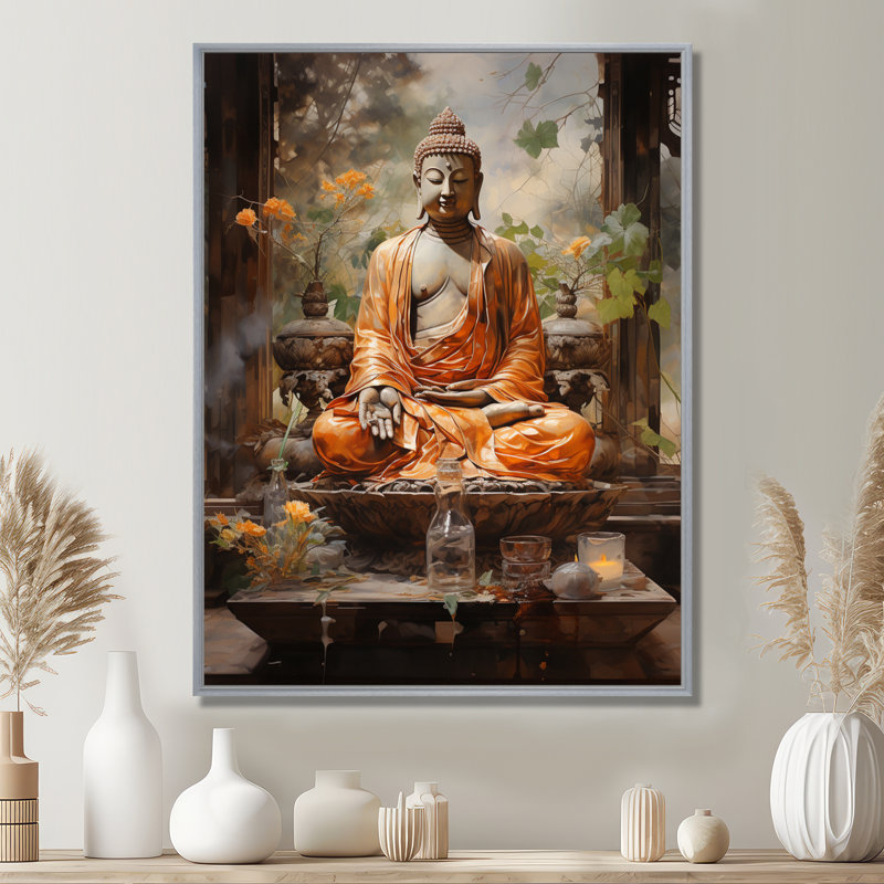 Art bouddhiste orange et gris, Bouddha, art mural, 32" H x 24" W, Encadrement argenté