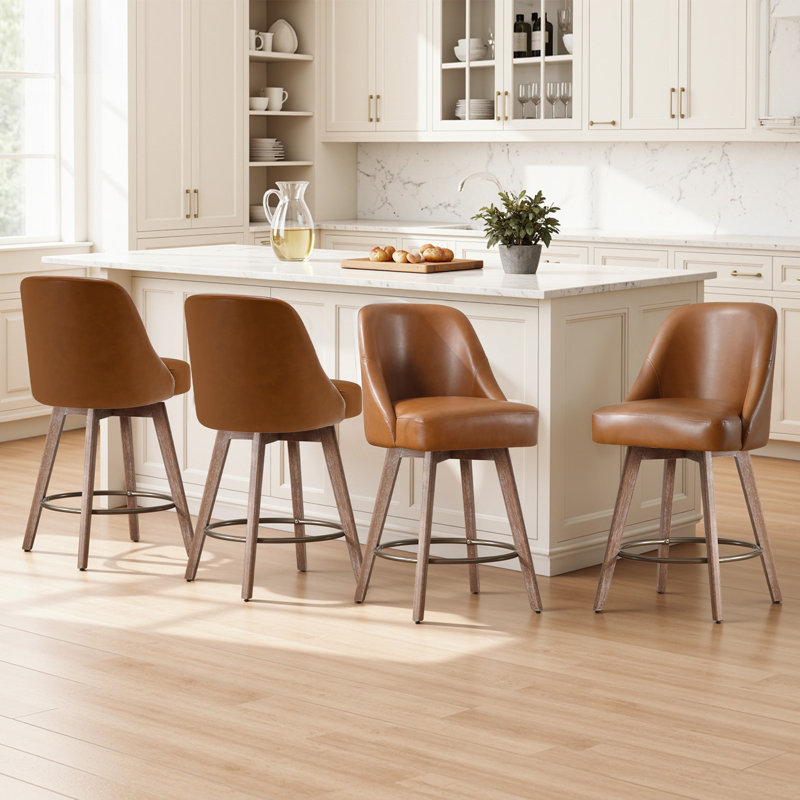 Kiain Swivel 26'' Upholstered Counter Height Bar Stool with Solid Wood legs, Brown