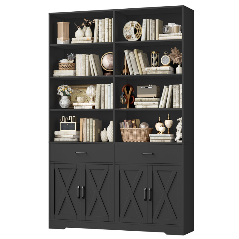 Bibliothèque de 78,7 po de hauteur avec 2 tiroirs, portes en X, Noir