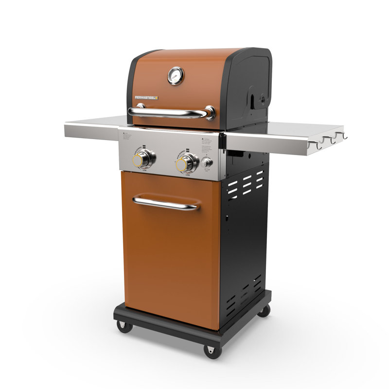 Permasteel 2-Burner Compact Propane Gas Grill with Foldable Side Tables and Grilling Tool Hooks, Copper