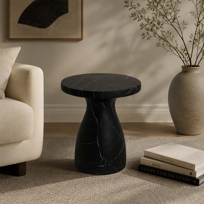 Table d'appoint d'extérieur légère en béton MGO avec effet marbre noir, résistante aux intempéries et sans assemblage requis