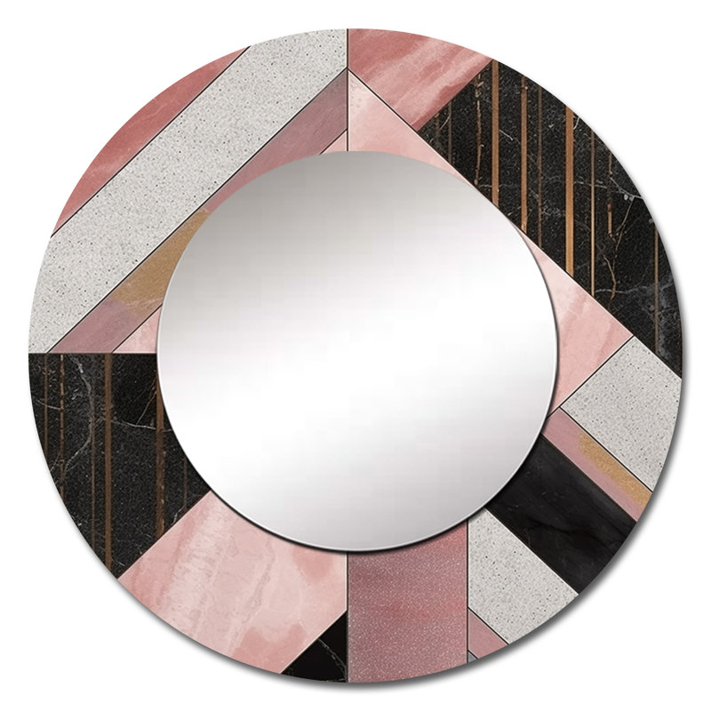 Marble Granite Agate With Touches Of Gold XI - Geometric Unique Wall Mirror Decor, Pink Large Round Mirror, Printed Metal Art