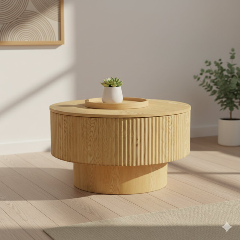 Table de cocktail ronde 29,53 po en MDF moderne avec rainure circulaire et espace de rangement, convenant à la maison et à la cuisine (finition bois)