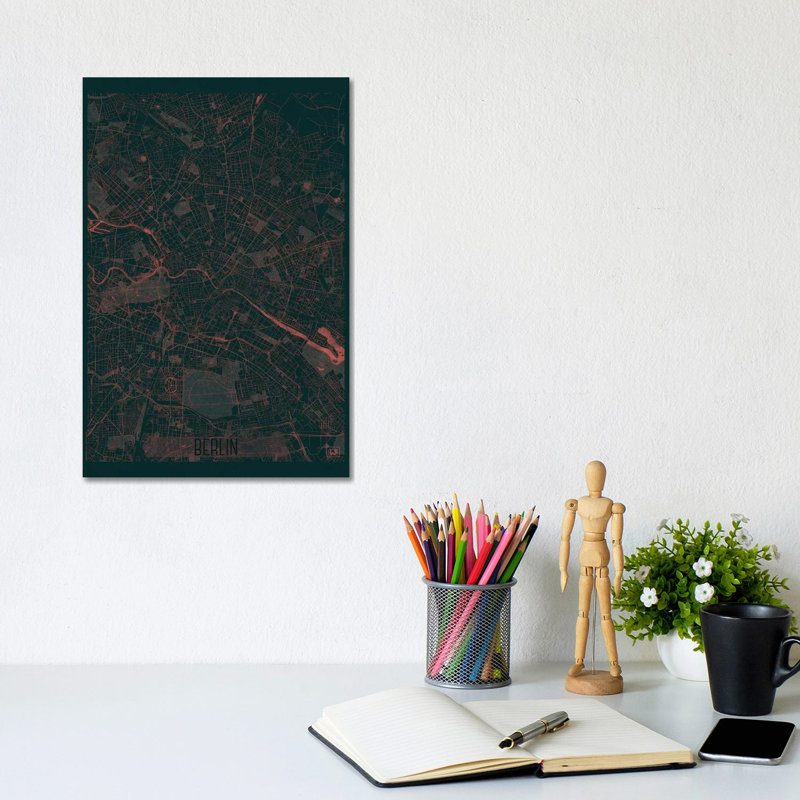 Berlin Infrared Urban Blueprint Map 1 Piece Wrapped Canvas Wall Art, 20.32 cm H x 30.48 cm W
