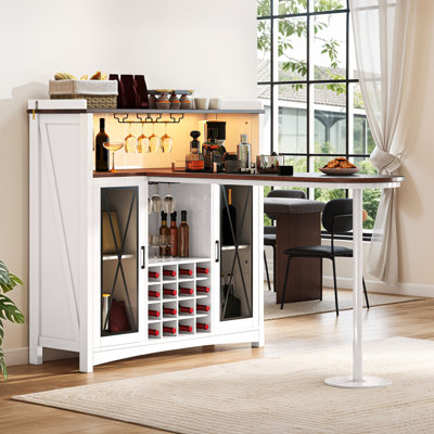 Farmhouse Wine Bar Cabinet With 47"L Bar Table And LED Lights by Ivy Bronx