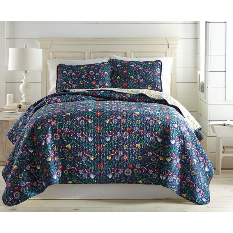 Boho Bloom Blue Microfiber Quilt Set, Twin Quilt + 1 Standard Sham