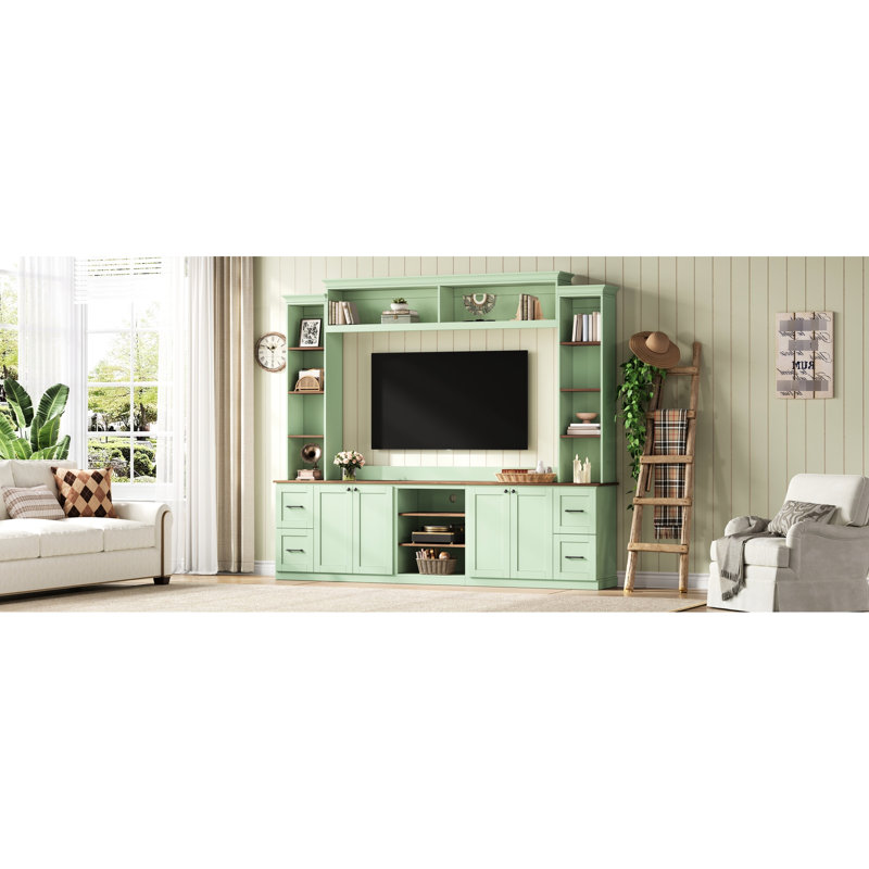 Meuble télé 41 po Mint, meuble audio-vidéo avec tablettes réglables en noyer, console multimédia rétro, tiroirs et unité murale pour installation à domicile