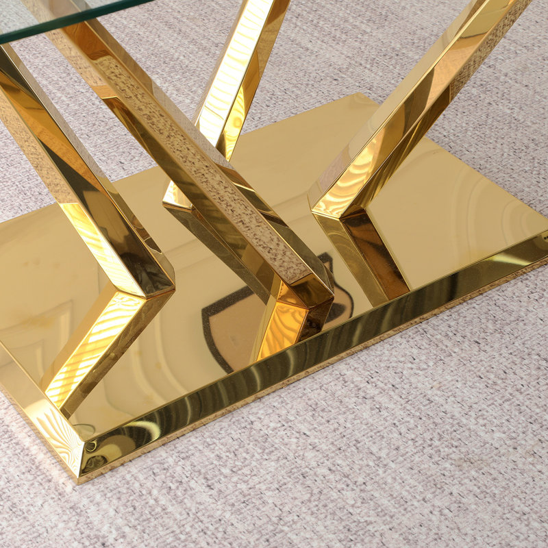 Table de salle à manger en verre de style moderne, design transparent élégant, base robuste en acier inoxydable, ensemble de chaises de salle à manger gris clair, avec pieds de chaise plaqués or, convient à la salle à manger et à la cuisine (ensemble de 7)