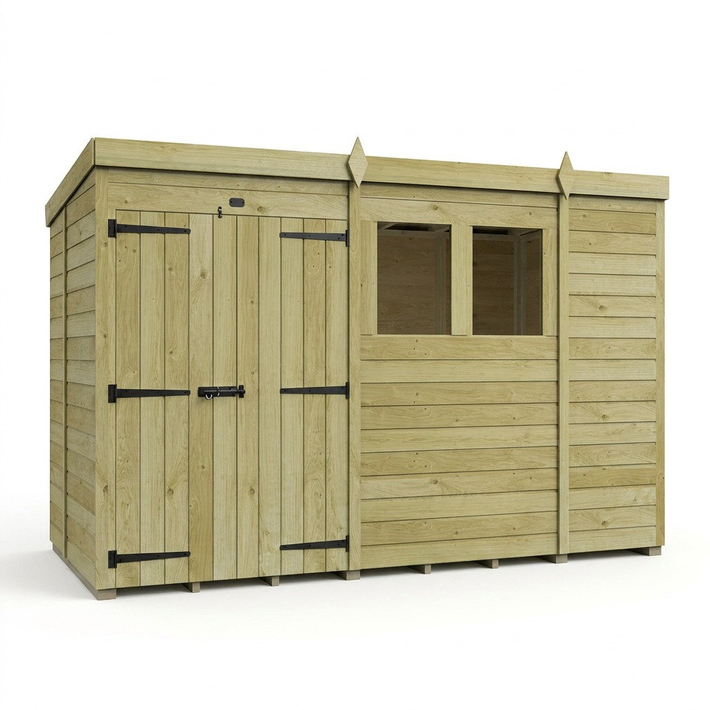 Total Sheds 10ft x 5ft Pent Garden Shed - Double Door - With Windows - Pressure Treated Timber - UK Manufactured