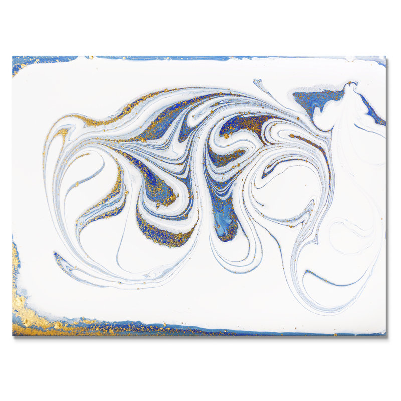 Blanc, bleu et rivières marbrées dorées - peinture sur toile, H 34 po x l 44 po, Toile tendue