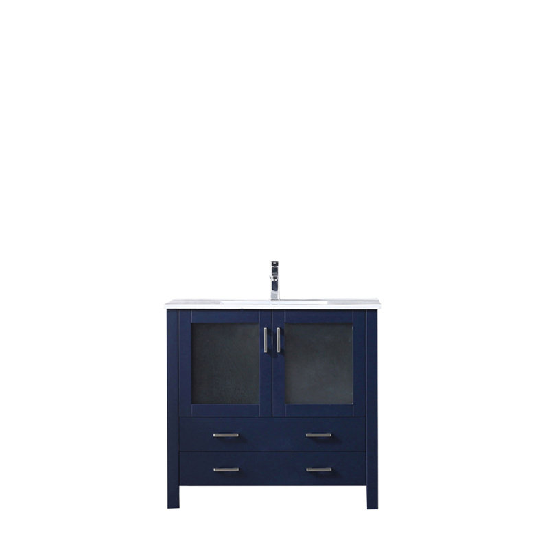 Meuble-lavabo bleu marine 36 po X P 18,25 po D, dessus en céramique blanche et ensemble de robinet, Marine, 36"