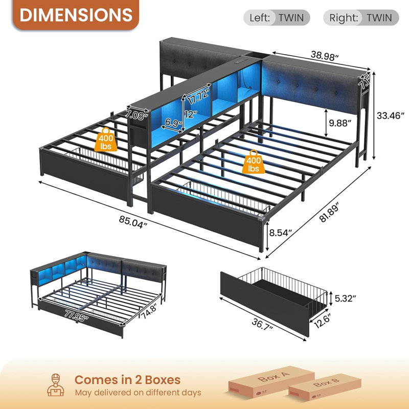 Lits simples avec séparateur de bibliothèque, base de lit avec 2 grands tiroirs, tête de lit tapissier avec rangement caché, station de charge et lumières à DEL, lit plateforme en métal, aucun sommier nécessaire, noir