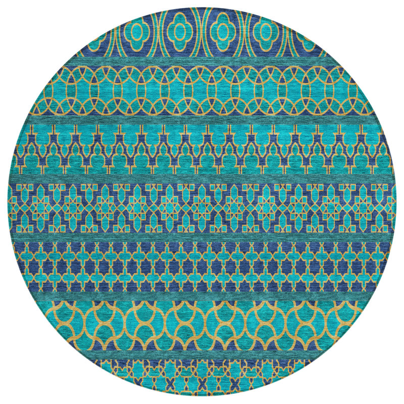 Tapis intérieur / extérieur rond lavabo quadrilobe bleu sarcelle et bleu marine HomeRoots 8 pi