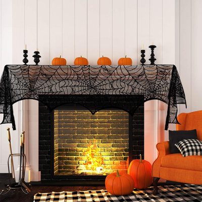 Ensemble de décorations d'Halloween, nappe ronde en dentelle d'araignée, nappe d'Halloween, chemin de table et manteau de cheminée en toile d'araignée, foulard en toile d'araignée pour fête d'Halloween