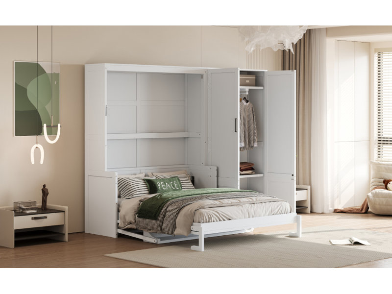 Grand lit escamotable mural avec placard, blanc