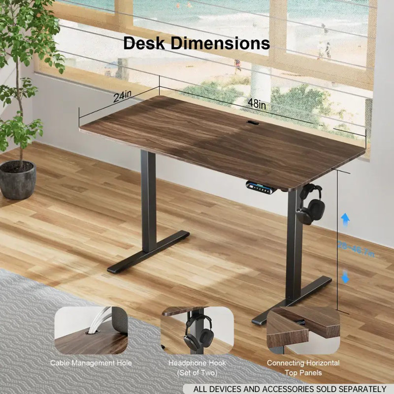 Extra Large Standing Desk Electric Height-Adjustable, Brown/Black, 47.24" W x 23.62" D