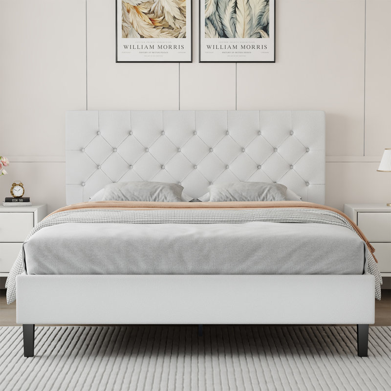 Bed Frame with Headboard, Upholstered Platform Bed with Button Tufted Desigh, White, Queen