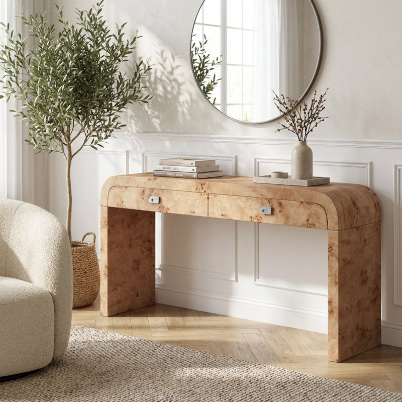 Console en bois avec finition en placage de ronce, deux tiroirs spacieux et poignées en métal, table d'entrée multifonctionnelle avec pieds robustes