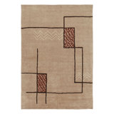 Art Deco Hand Knotted Area Rug in Beige/Brown, Red, Black, Cream/White
