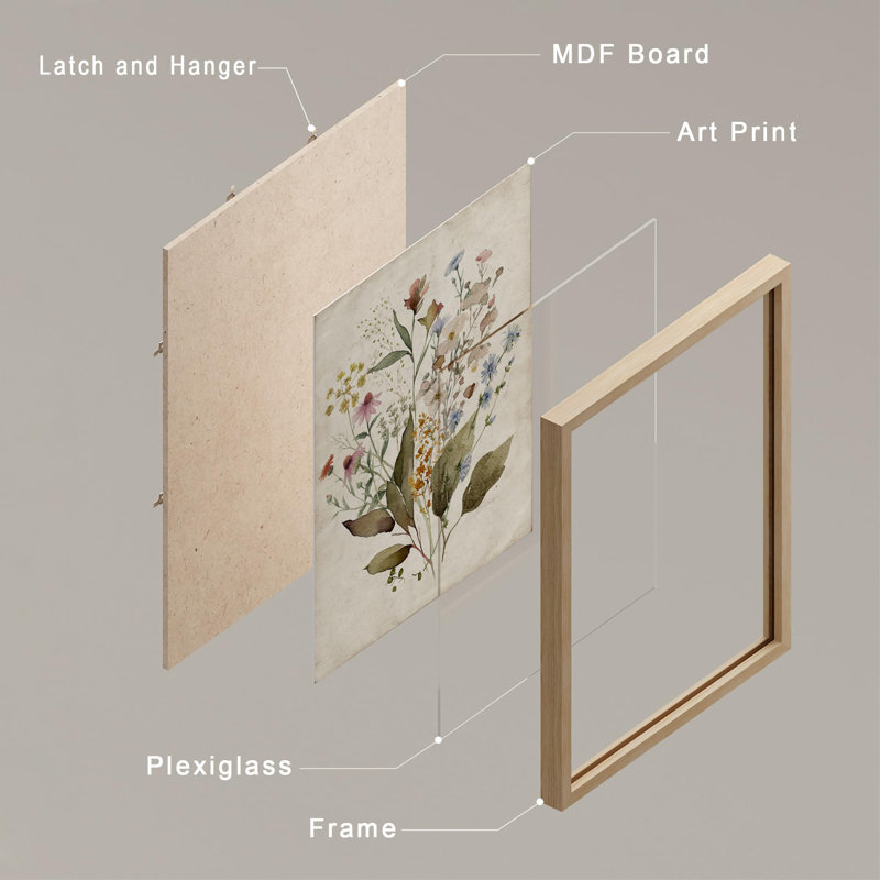 Vintage Wildflowers Bouquet Antique Botanical Floral Pictures Framed Paper 4 Pieces Print Wall Art, 10" H x 8" W, Natural