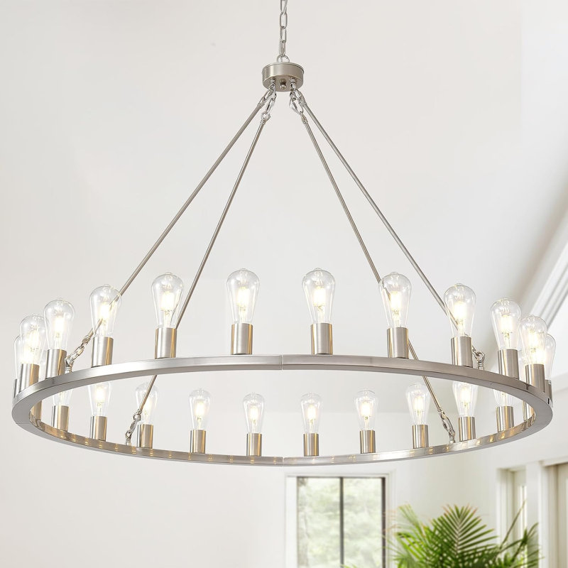 Très grand lustre argenté de 48 po à 24 lumières Wagon Wheel Light |