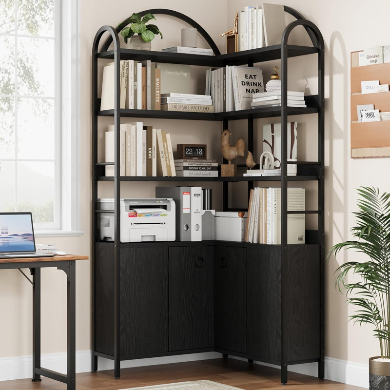 74" Tall 6-Tier Arched Corner Bookcase with Cabinet & Doors, L-Shaped Storage for Home Office, Black, Black