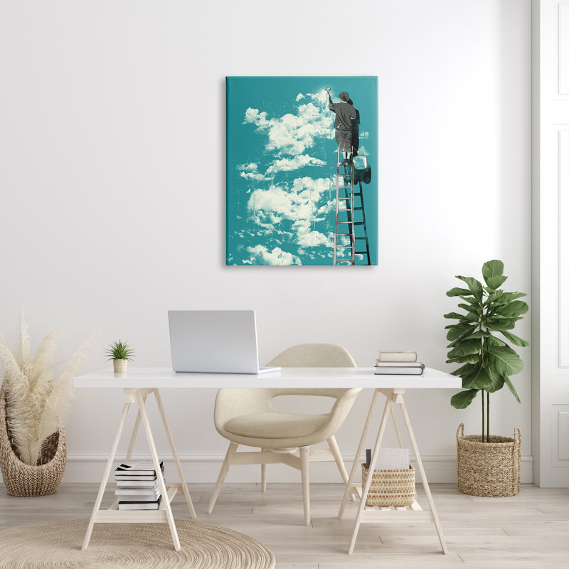 «Painter on Ladder Conceptual Clouds» par Matheus Lopes Castro - peinture sur toile tendue, H 40 po x l 30 po x P 1,5 po