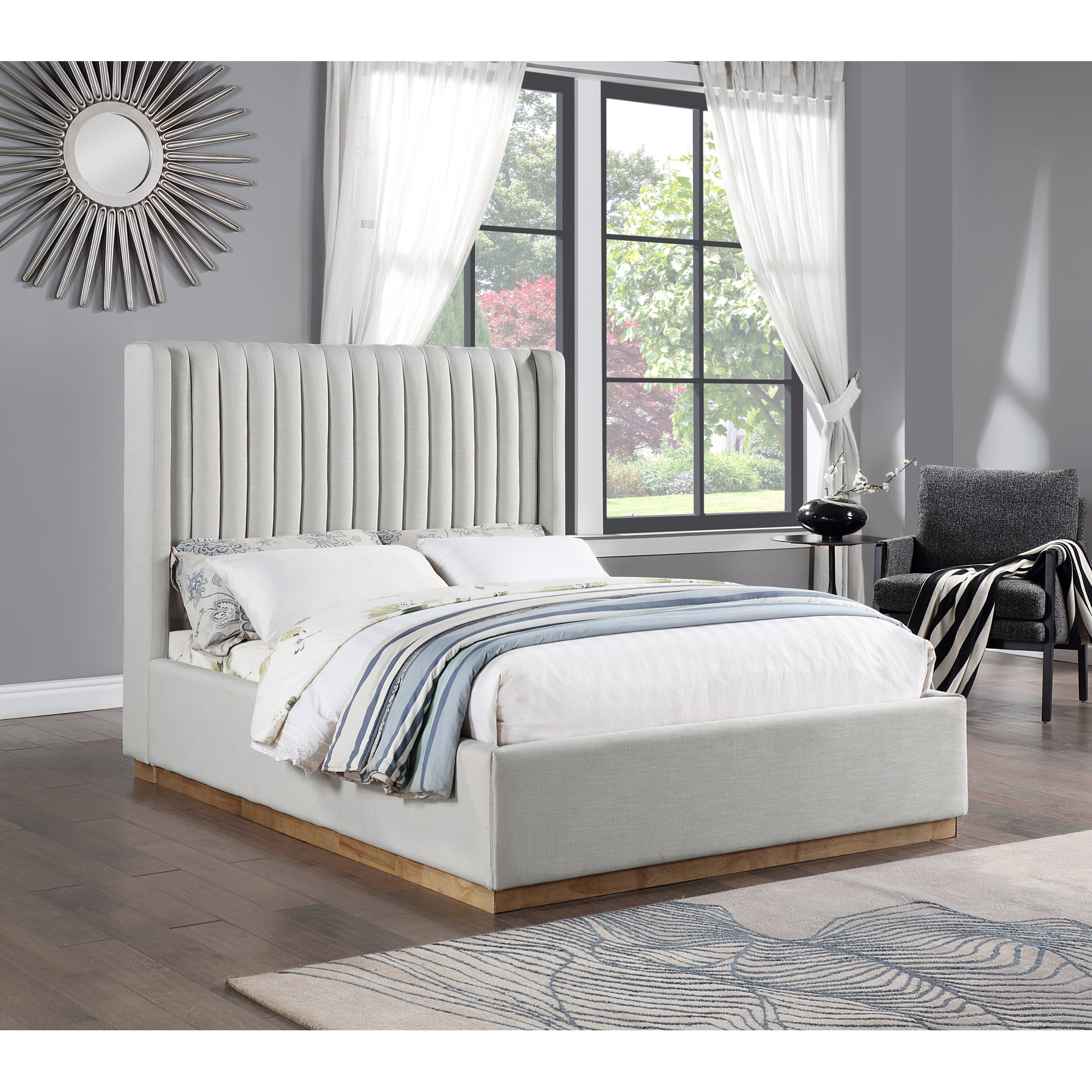 Chamblis Upholstered Wingback Bed, Cream Linen Textured Fabric, Full / Double