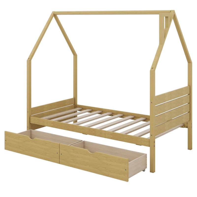 Lit en bois avec 2 tiroirs, lit Montessori House avec support en lattes de bois, aucun sommier nécessaire, Twin, Natural